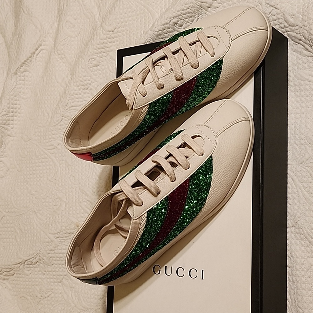 New Pristine Mens Gucci Cream Glitter Falacer Sneakers / Tennis Shoes. UK 6.5